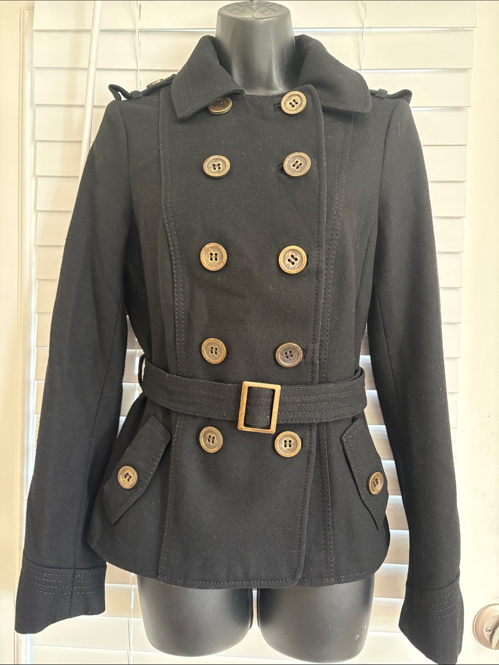 H&M Divided Wool Black Double-Breasted Belted Pea Coat with Gold Buttons SZ 10